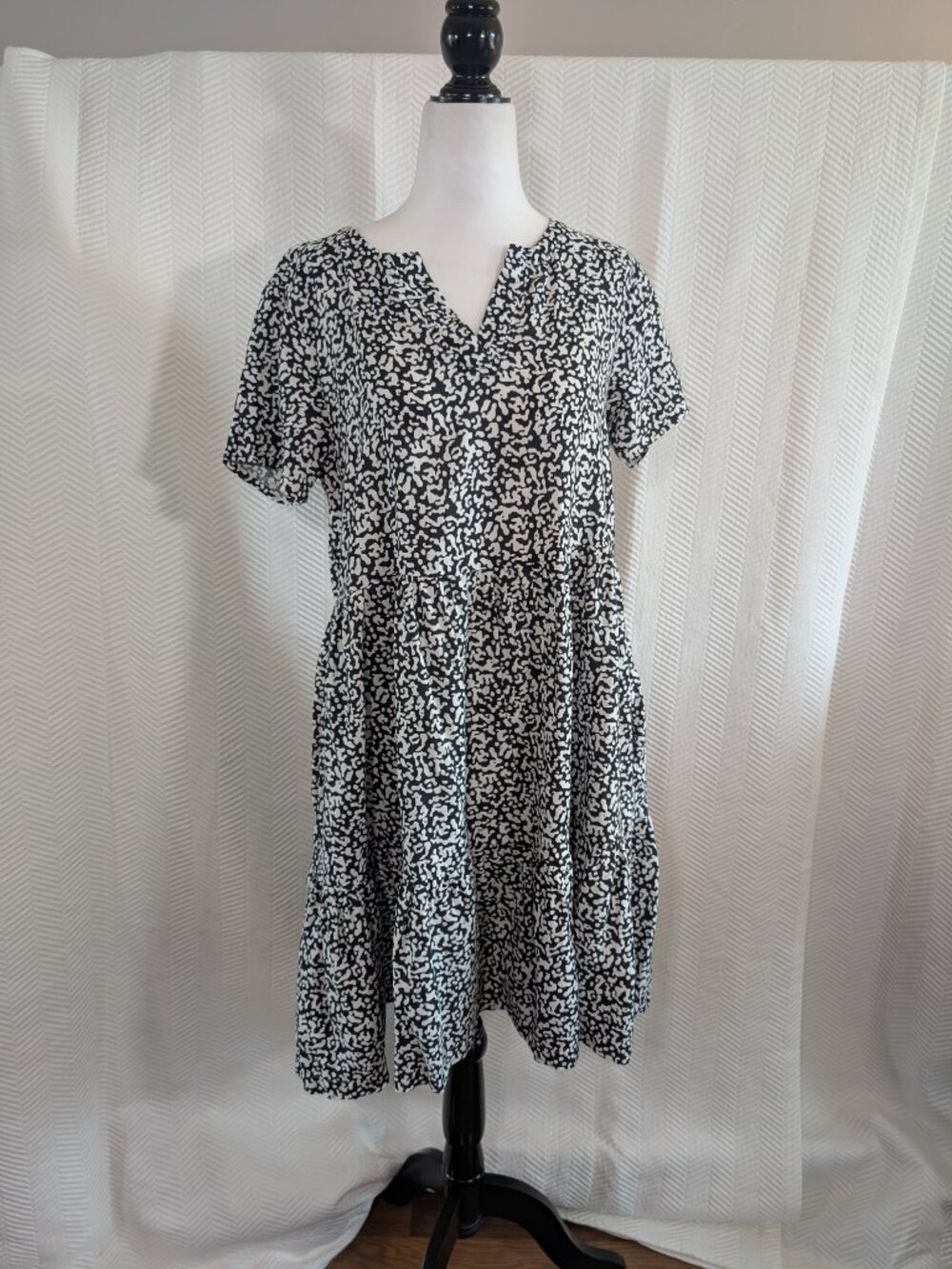 Jules & Leopold Linen Blend Tiered Babydoll Dress Black & White Pockets Size XS